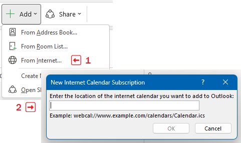 Screenshots showing the Add Calendar and New Internet Calendar Subscription menus in Outlook desktop